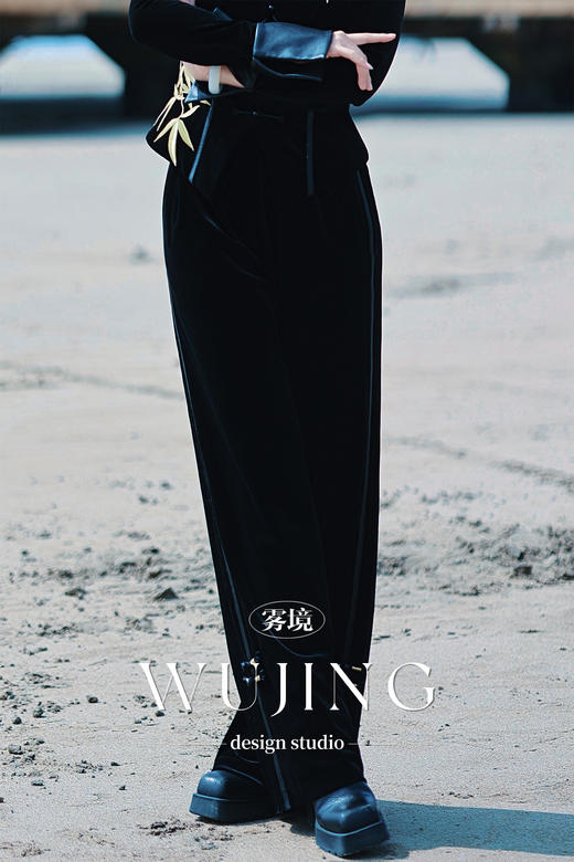 【雾境定制】黑金锦竹高级感新中式拼皮丝绒直筒裤 3203098 商品图0