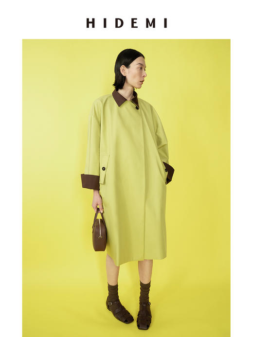 HIDEMI 简约设计感撞色翻边廓形拼接翻驳领长风衣 商品图11