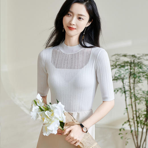 【显瘦针织衫】2026春季新款优雅知性半透烫钻修身上衣女0474 商品图0