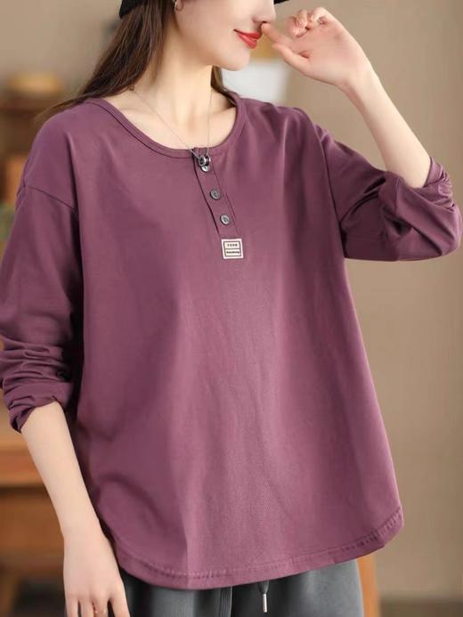 雀说春季新款 文艺棉长袖上衣女时尚纯色套头衫宽松显瘦T恤AL1073 商品图1