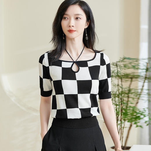 剩S/L/XL 米思阳【冰丝棋盘格针织衫】2025夏季新款时尚经典撞色百搭上衣0230 商品图2