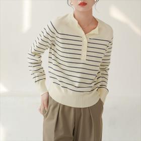 「三色可选！小众设计款」甜美温柔风圆领条纹针织衫 上衣女春季新款设计感长袖宽松套头毛衣