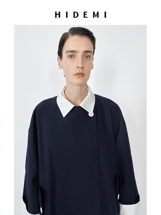 HIDEMI 简约设计感撞色翻边廓形拼接翻驳领长风衣 商品图5