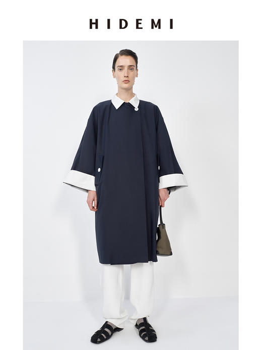 HIDEMI 简约设计感撞色翻边廓形拼接翻驳领长风衣 商品图4