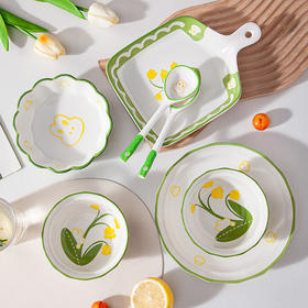 「七件套！抖音同款」新款创意ins风餐具2人食绿色铃兰小清新餐饮用具釉下彩陶瓷碗盘碟7件套装