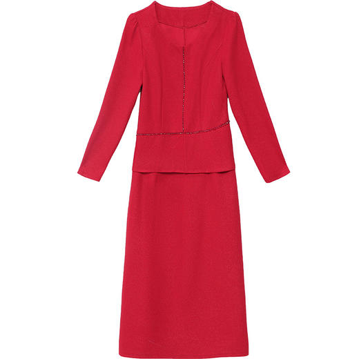 QYM-MWC16长袖假两件连衣裙2024年春季新款气质优雅女装红色喜气婚宴裙 商品图4