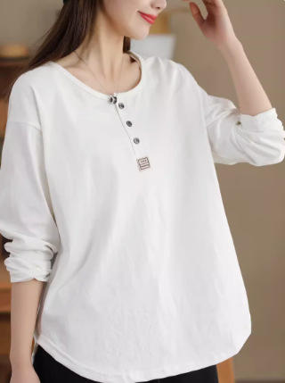 雀说春季新款 文艺棉长袖上衣女时尚纯色套头衫宽松显瘦T恤AL1073 商品图6