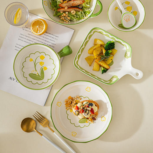 「七件套！抖音同款」新款创意ins风餐具2人食绿色铃兰小清新餐饮用具釉下彩陶瓷碗盘碟7件套装 商品图2