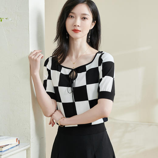 剩S/L/XL 米思阳【冰丝棋盘格针织衫】2025夏季新款时尚经典撞色百搭上衣0230 商品图3
