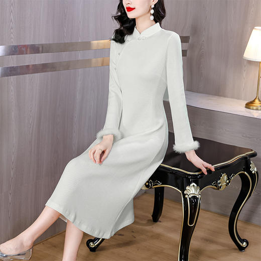 新中式国风改良旗袍连衣裙白色针织打底裙AHM-olz1606 商品图1