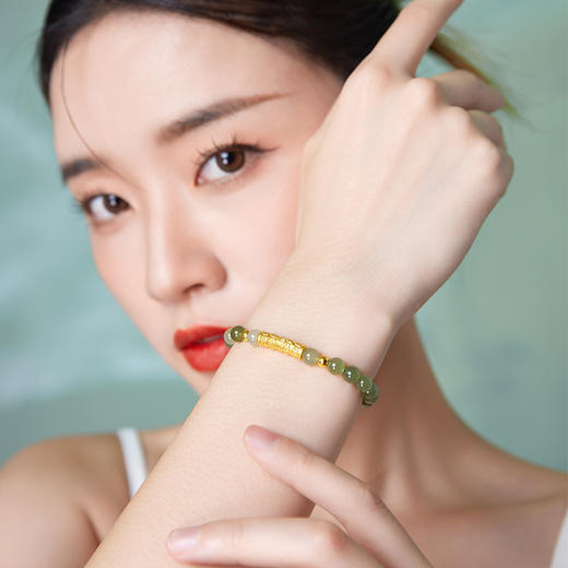 周六福黄金金镶玉手串节节高升竹节女手链和田玉串珠送女友礼物 商品图4