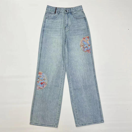 雀说 国风刺绣牛仔裤女春小众浅蓝色休闲高腰直筒裤子4ZF-022603 商品图5
