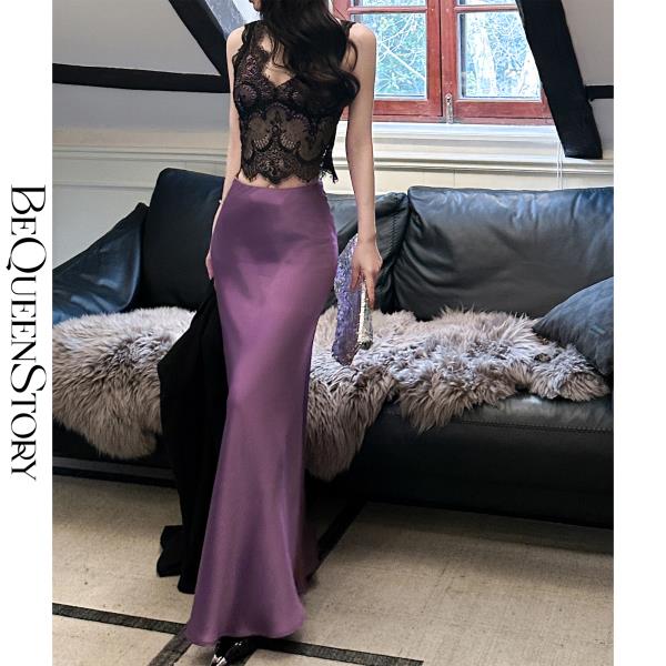 BeQueenStory【流光曲线】时尚轻奢设计感气质百搭醋酸半身裙春夏