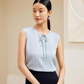 玳莎圆领系带真丝背心女2024春日新款纯色透气桑蚕丝内搭无袖上衣  EA31001