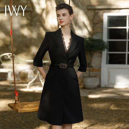 IWY/黑色正式场合连衣裙女七分袖蕾丝装饰设计西装裙双排扣气质职场裙Q1057 商品图1
