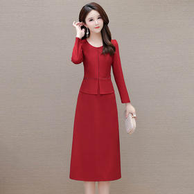 QYM-MWC16长袖假两件连衣裙2024年春季新款气质优雅女装红色喜气婚宴裙