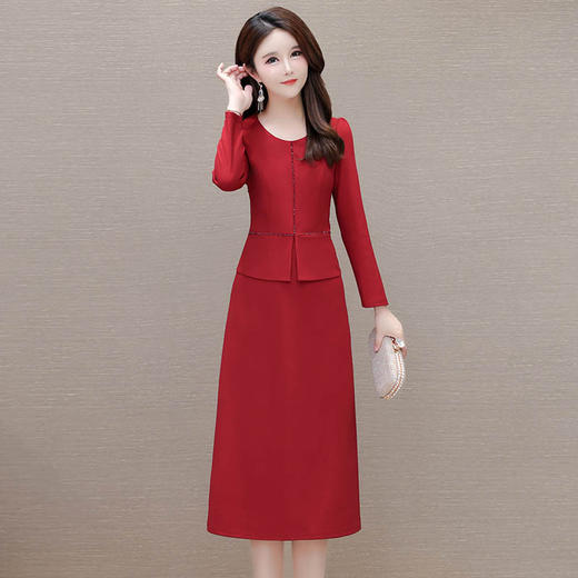 QYM-MWC16长袖假两件连衣裙2024年春季新款气质优雅女装红色喜气婚宴裙 商品图0