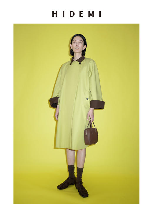 HIDEMI 简约设计感撞色翻边廓形拼接翻驳领长风衣 商品图1