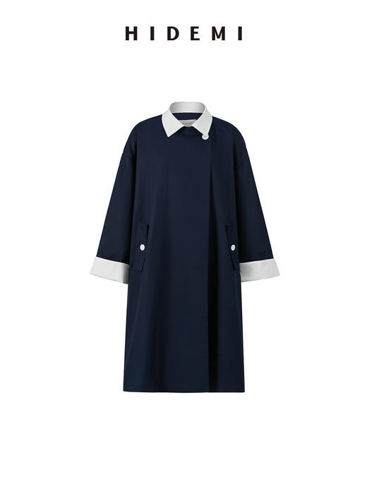 HIDEMI 简约设计感撞色翻边廓形拼接翻驳领长风衣 商品图8