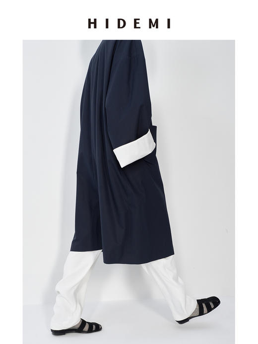 HIDEMI 简约设计感撞色翻边廓形拼接翻驳领长风衣 商品图3