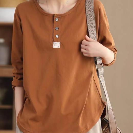 雀说春季新款 文艺棉长袖上衣女时尚纯色套头衫宽松显瘦T恤AL1073 商品图0