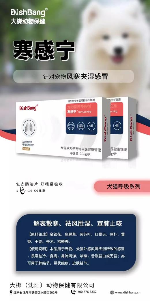 大梆寒感宁16片/盒，效期20270827，五行黄色 本品用于宠物、犬猫外感风寒夹湿所致的感冒，畏寒怕冷、身痛，鼻流清涕，咳嗽，舌淡苔白或无苔;亦可用于肺结节，带状疱疹，皮肤结节。2.5Kg以下0.5 商品图0
