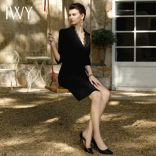 IWY/黑色正式场合连衣裙女七分袖蕾丝装饰设计西装裙双排扣气质职场裙Q1057 商品图3