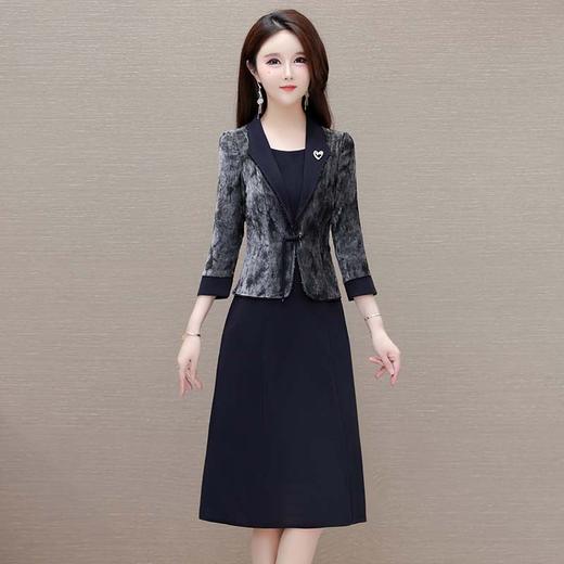 QYM-MWC22拼结假两件连衣裙黑灰色中年女装气质优雅中长款长袖修身裙 商品图0