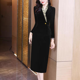 AHM-oyh6010春款高级感气质高贵洋气黑色金丝绒裙