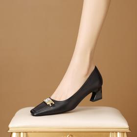 【预售5天】春秋新款方头单鞋，女法式复古一脚蹬小皮鞋粗跟高跟鞋黑色女鞋HY&H3340