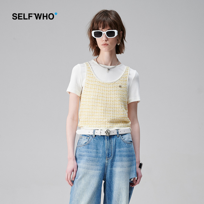 SELFWHO黄色马甲短袖T恤两件套女2024新款春小个子设计感镂空上衣