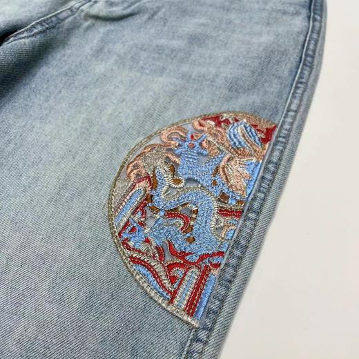 雀说 国风刺绣牛仔裤女春小众浅蓝色休闲高腰直筒裤子4ZF-022603 商品图3