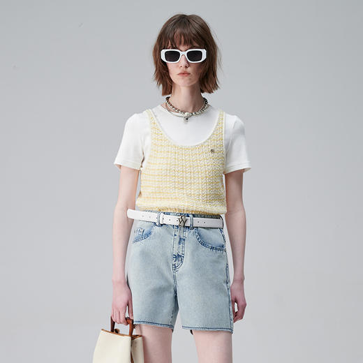 SELFWHO黄色马甲短袖T恤两件套女2024新款春小个子设计感镂空上衣 商品图2
