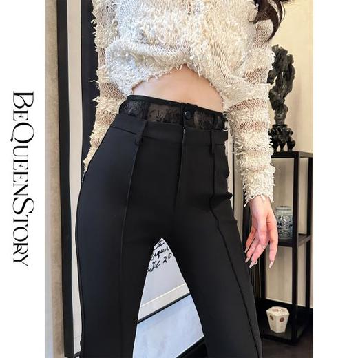 BeQueenStory【黑奢密码】设计感腰头拼接蕾丝时尚喇叭裤&直筒裤 商品图3