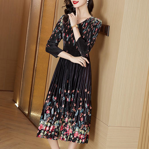 复古印花丝绒褶皱连衣裙AHM-kln2383 商品图3