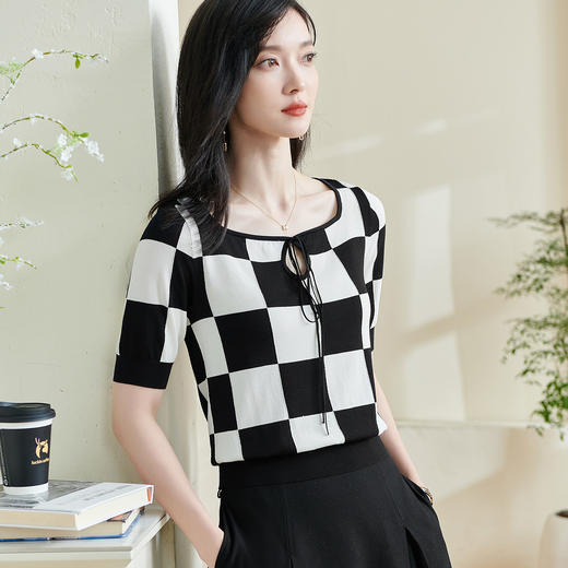 剩S/L/XL 米思阳【冰丝棋盘格针织衫】2025夏季新款时尚经典撞色百搭上衣0230 商品图5