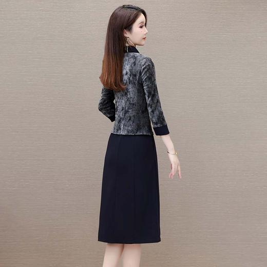 QYM-MWC22拼结假两件连衣裙黑灰色中年女装气质优雅中长款长袖修身裙 商品图2