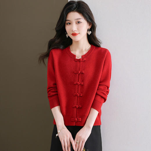 早春新款，国风短外套喜庆中国红色毛衣开衫新中式上衣春秋外搭CC-5-5891 商品图2