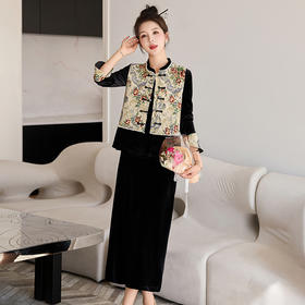HR WH51959时尚新中式修身显瘦印花马甲三件套裙