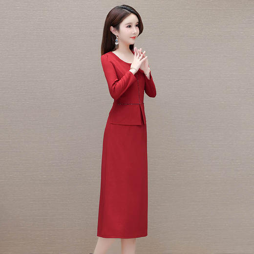 QYM-MWC16长袖假两件连衣裙2024年春季新款气质优雅女装红色喜气婚宴裙 商品图1