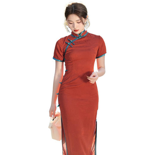 气质优雅，春季新款日常可穿酒红色提花复古风短袖旗袍YG-2375 商品图4