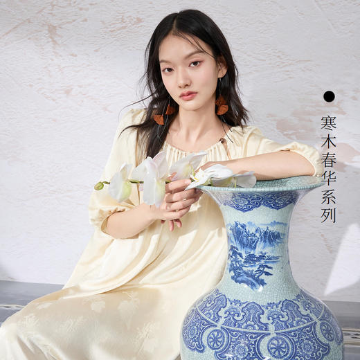 三彩【山有木兮】2024春季新款桑蚕丝提花连衣裙系带新中式长裙C 商品图2