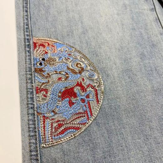 雀说 国风刺绣牛仔裤女春小众浅蓝色休闲高腰直筒裤子4ZF-022603 商品图1