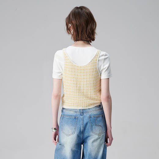 SELFWHO黄色马甲短袖T恤两件套女2024新款春小个子设计感镂空上衣 商品图4