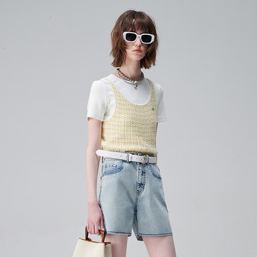 SELFWHO黄色马甲短袖T恤两件套女2024新款春小个子设计感镂空上衣 商品图3