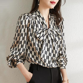ALBB-黑白印花上衣春季新款v领飘带设计感小众气质长袖衬衫