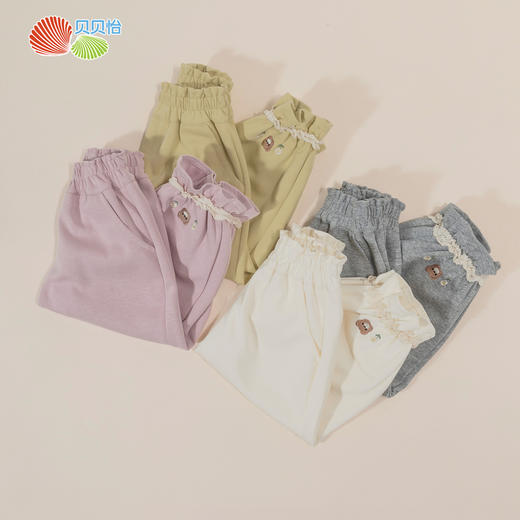 贝贝怡女童裤子2024春秋新款束脚长裤花边脚口多色百搭休闲裤学生裤 商品图1
