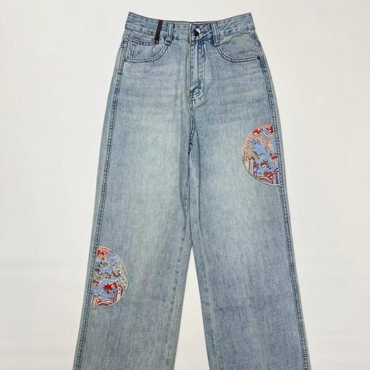 雀说 国风刺绣牛仔裤女春小众浅蓝色休闲高腰直筒裤子4ZF-022603 商品图0