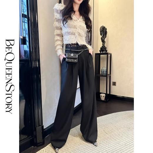 BeQueenStory【黑奢密码】设计感腰头拼接蕾丝时尚喇叭裤&直筒裤 商品图4