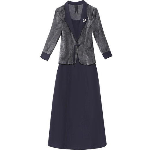 QYM-MWC22拼结假两件连衣裙黑灰色中年女装气质优雅中长款长袖修身裙 商品图4
